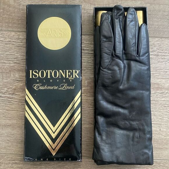 Vintage Womens Isotoner Black Leather Gloves w Cashmere Lining - Picture 1 of 4